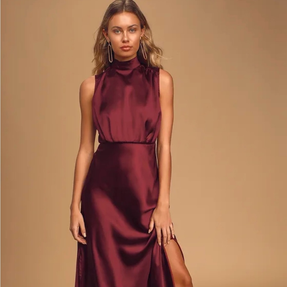 Lulus Classic Elegance Wine Satin Maxi Dress Large